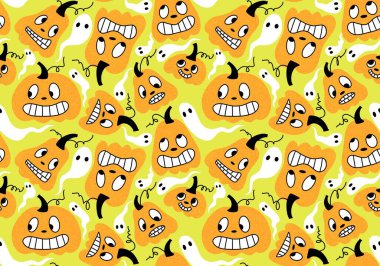 Çocuk giysileri, ambalaj kağıtları, moda tekstil ürünleri, şenlikli kumaşlar, sonbahar ambalajları ve aksesuarları için çizgi filmlerdeki kusursuz Cadılar Bayramı balkabağı desenleri. Yüksek kaliteli illüstrasyon