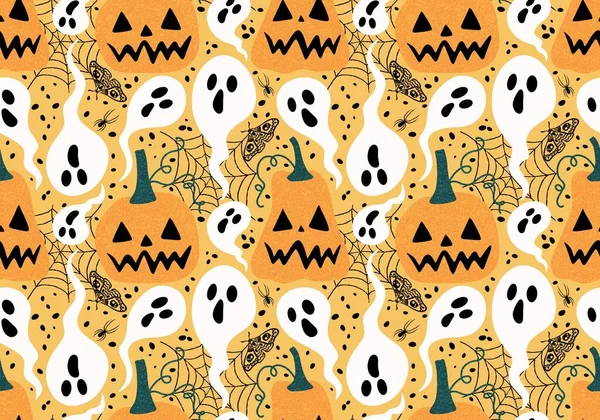 Calabazas Dibujos Animados Halloween Patrón Otoño Sin Costuras Para Embalaje — Foto de Stock