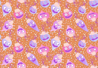 Noel ağacı topları, kumaşlar, ambalaj kağıtları, çocuk giysileri baskısı, yeni yıl ambalajları ve şenlikli aksesuarları olan kusursuz çizgi film canavarları. Yüksek kaliteli illüstrasyon