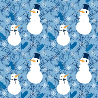 Noel kardan adam çizgi filmi, dikişsiz kış buzu ve eldiven desenli ambalaj kağıdı, kumaş ve çocuk giysileri baskısı, şenlikli ambalaj ve aksesuarlar. Yüksek kaliteli illüstrasyon