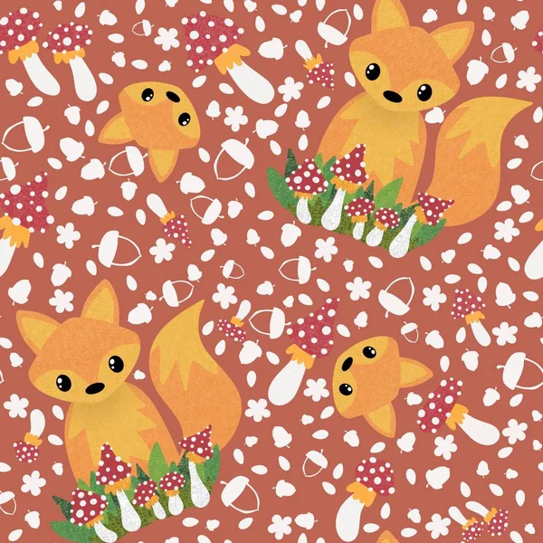 Autumn cartoon animals seamless fox and mushrooms fly agaric pattern for wrapping paper and fabrics and kids and festive packaging and accessories and fashion textiles. High quality illustration