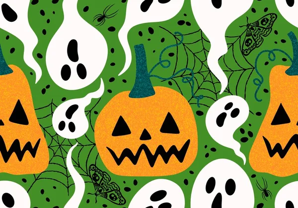 Calabazas Dibujos Animados Halloween Patrón Otoño Sin Costuras Para Embalaje —  Fotos de Stock