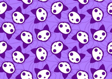 Cadılar Bayramı kedisi ve balkabağı derisi dikişsiz hayaletler ve kafatasları ve kağıt ve kumaşlar için zehir deseni ve çocuk giysileri baskısı ve sonbahar ambalajı ve moda tekstili. Yüksek kaliteli illüstrasyon