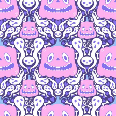 Cadılar Bayramı çizgi filmlerinde balkabakları, hayaletler ve kafatası desenleri kağıt ve kumaşlar ve çocuk giysileri baskısı ve şenlik ambalajları ve sonbahar aksesuarları. Yüksek kaliteli illüstrasyon