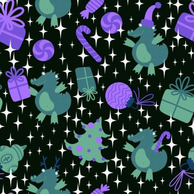 Yeni yıl ejderhaları, Noel dinozor desenli ambalajsız ambalajsız Noel dinozor desenleri ve çocuk kıyafetleri baskısı, şenlikli ambalajlar, kumaşlar ve Noel aksesuarları. Yüksek kaliteli illüstrasyon