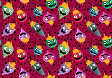 Noel ağacı topları, kumaşlar, ambalaj kağıtları, çocuk giysileri baskısı, yeni yıl ambalajları ve şenlikli aksesuarları olan kusursuz çizgi film canavarları. Yüksek kaliteli illüstrasyon