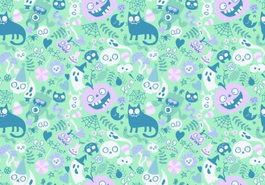 Çizgi filmlerdeki cadılar bayramı canavarları dikişsiz kedi, balkabağı, kafatası, hayalet ve mantar desenli ambalaj kağıtları, kumaşlar, çocuk giysileri baskıları ve şenlikli ambalajlar. Yüksek kaliteli illüstrasyon