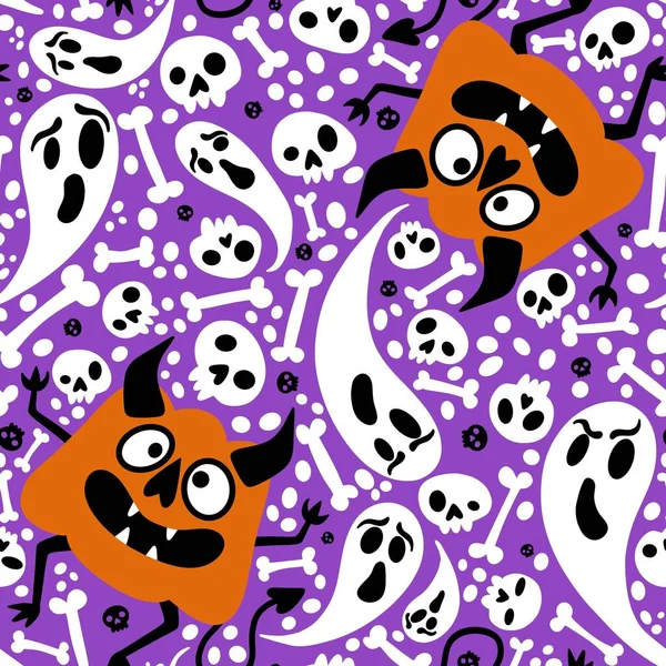 Monstruos Halloween Calabazas Sin Costura Patrón Fantasmas Huesos Para Papel —  Fotos de Stock