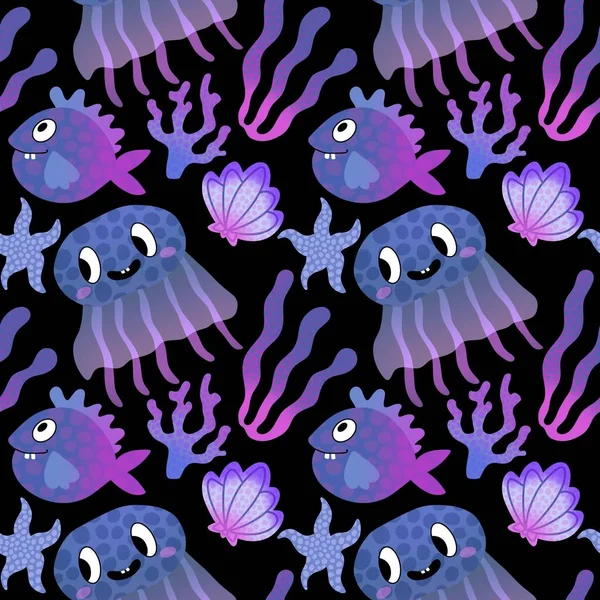 Cartoon Fisch Nahtlose Quallen Und Sollen Und Korallen Muster Für — Stockfoto