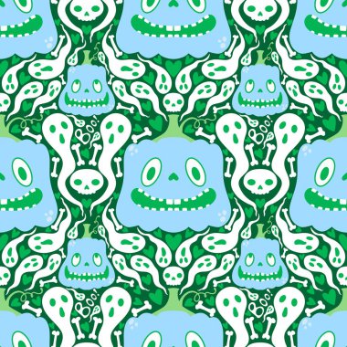 Cadılar Bayramı çizgi filmlerinde balkabakları, hayaletler ve kafatası desenleri kağıt ve kumaşlar ve çocuk giysileri baskısı ve şenlik ambalajları ve sonbahar aksesuarları. Yüksek kaliteli illüstrasyon