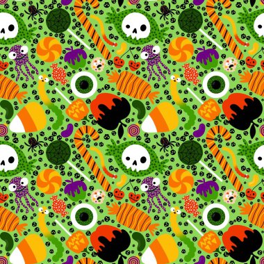 Çizgi film cadılar bayramı şekerleri dikişsiz lolipop, vişne şekeri, kurtçuklar, kafatası desenleri ve çocuk giysileri baskısı, sonbahar aksesuarları ve şenlik ambalajı. Yüksek kaliteli illüstrasyon