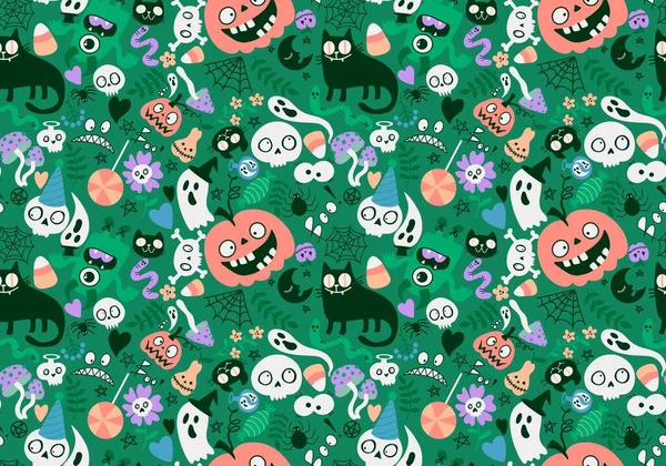 Cartoon Halloween Monsters Seamless Cat Pumpkins Skulls Ghost Mushrooms Pattern — Stock Photo, Image