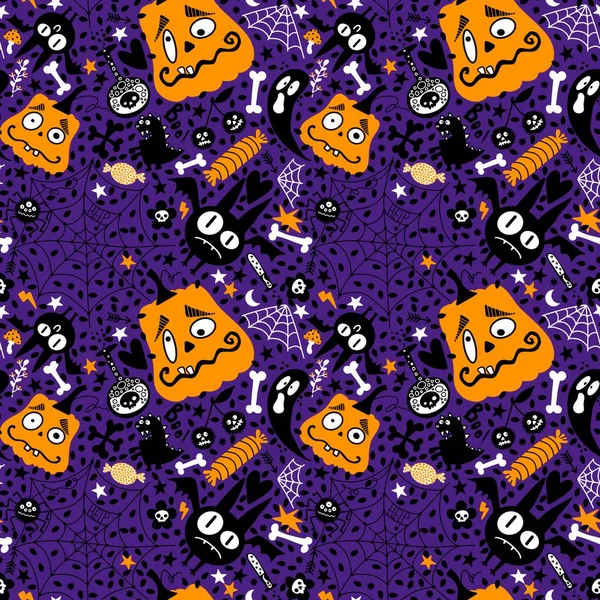 Halloween Cartoon Pumpkins Seamless Bat Ghost Candy Web Pattern Wrapping — Stock Photo, Image
