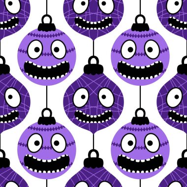 Noel ağacı topları, kumaşlar, ambalaj kağıtları, çocuk giysileri baskısı, yeni yıl ambalajları ve şenlikli aksesuarları olan kusursuz çizgi film canavarları. Yüksek kaliteli illüstrasyon