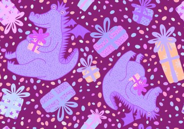 Yeni yıl ejderhaları, Noel dinozor desenli ambalajsız ambalajsız Noel dinozor desenleri ve çocuk kıyafetleri baskısı, şenlikli ambalajlar, kumaşlar ve Noel aksesuarları. Yüksek kaliteli illüstrasyon