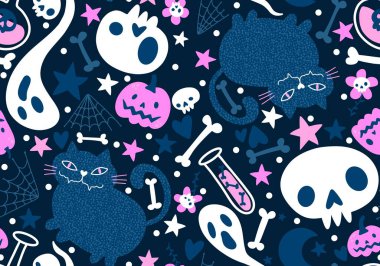 Cadılar Bayramı kedileri ve balkabakları kusursuz hayalet ve kumaşlar ve çocuk giysileri baskısı ve şenlik aksesuarları ve sonbahar ambalajı için kemik deseni. Yüksek kaliteli illüstrasyon 