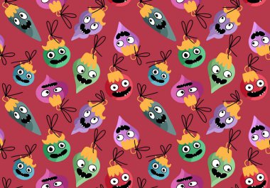 Noel ağacı topları, kumaşlar, ambalaj kağıtları, çocuk giysileri baskısı, yeni yıl ambalajları ve şenlikli aksesuarları olan kusursuz çizgi film canavarları. Yüksek kaliteli illüstrasyon