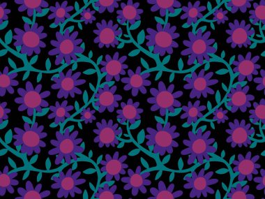 Çizgi film, çiçeğin dikişsiz dalları ve kumaş ambalajları, çocuk giysileri baskısı, şenlikli ambalajlar, yaz aksesuarları ve bahar için yapraklar. Yüksek kaliteli illüstrasyon