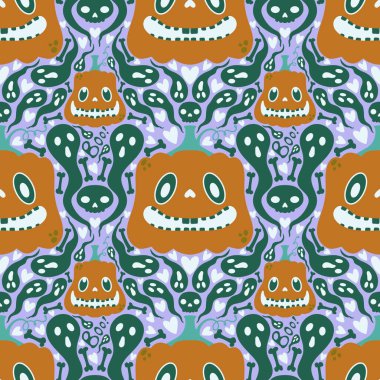 Cadılar Bayramı çizgi filmlerinde balkabakları, hayaletler ve kafatası desenleri kağıt ve kumaşlar ve çocuk giysileri baskısı ve şenlik ambalajları ve sonbahar aksesuarları. Yüksek kaliteli illüstrasyon