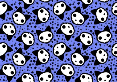 Cadılar Bayramı kedisi ve balkabağı derisi dikişsiz hayaletler ve kafatasları ve kağıt ve kumaşlar için zehir deseni ve çocuk giysileri baskısı ve sonbahar ambalajı ve moda tekstili. Yüksek kaliteli illüstrasyon