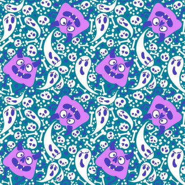 Cadılar Bayramı canavarları dikişsiz balkabakları, hayalet ve kemik desenleri kağıt, kumaş, çarşaf ve çocuk giysileri baskısı, şenlik ambalajı ve sonbahar. Yüksek kaliteli illüstrasyon