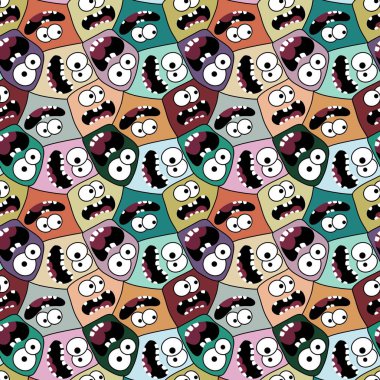 Çizgi filmci çocuklar, yüz desenli ambalaj kağıtları, çocuk kıyafetleri ve Cadılar Bayramı ambalajı kumaşları, moda tekstil ve aksesuarları olan kusursuz canavarlar. Yüksek kaliteli illüstrasyon