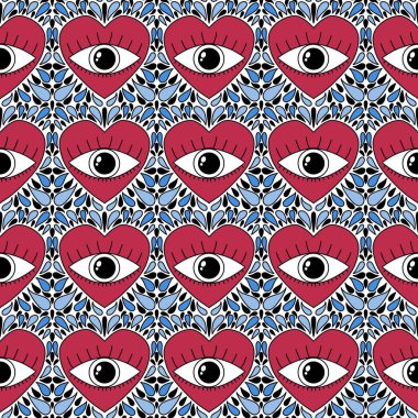 Karikatür retro sevgililer günü kartları, kumaşları, çarşafları, çocuk baskılarını, moda tekstillerini, şenlikli aksesuarları ve ambalajları paketlemek için kusursuz gözler ve kalpler deseni. Yüksek kaliteli illüstrasyon