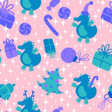 Yeni yıl ejderhaları, Noel dinozor desenli ambalajsız ambalajsız Noel dinozor desenleri ve çocuk kıyafetleri baskısı, şenlikli ambalajlar, kumaşlar ve Noel aksesuarları. Yüksek kaliteli illüstrasyon