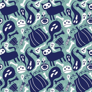 Cadılar Bayramı kedisi ve balkabağı derisi dikişsiz hayaletler ve kafatasları ve kağıt ve kumaşlar için zehir deseni ve çocuk giysileri baskısı ve sonbahar ambalajı ve moda tekstili. Yüksek kaliteli illüstrasyon