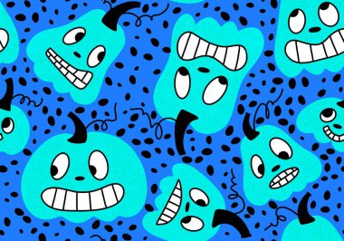 Çocuk giysileri, ambalaj kağıtları, moda tekstil ürünleri, şenlikli kumaşlar, sonbahar ambalajları ve aksesuarları için çizgi filmlerdeki kusursuz Cadılar Bayramı balkabağı desenleri. Yüksek kaliteli illüstrasyon