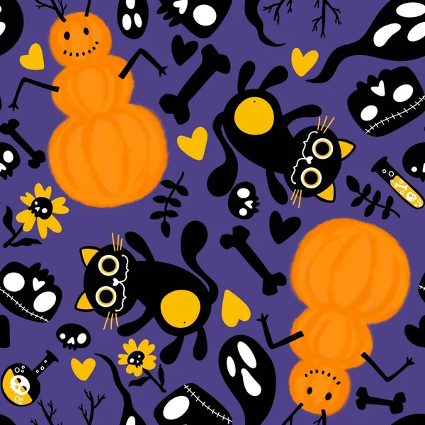 Dibujos Animados Garabato Halloween Gatos Sin Costuras Calabazas Muñeco Nieve —  Fotos de Stock