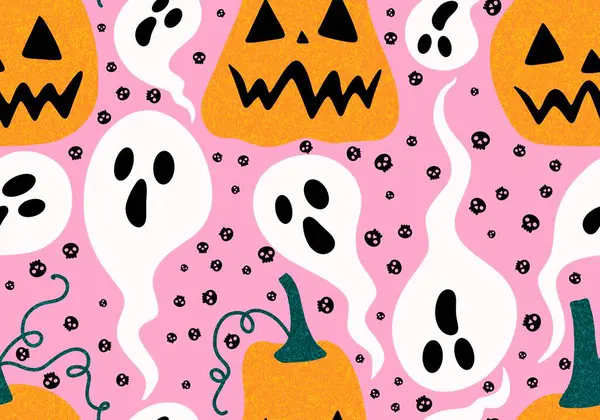 Halloween Tecknade Pumpor Sömlös Höst Mönster För Festliga Förpackningar Och — Stockfoto