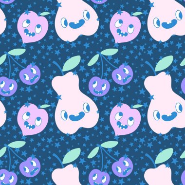 Çizgi filmdeki meyvesiz kirazlar, armutlar ve şeftali desenli ambalajlar, çocuk giysileri, tekstil ürünleri, şenlikli ambalajlar ve sonbahar aksesuarları. Yüksek kaliteli illüstrasyon