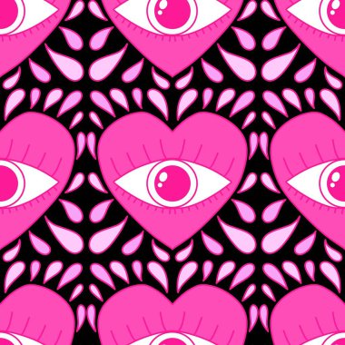 Karikatür retro sevgililer günü kartları, kumaşları, çarşafları, çocuk baskılarını, moda tekstillerini, şenlikli aksesuarları ve ambalajları paketlemek için kusursuz gözler ve kalpler deseni. Yüksek kaliteli illüstrasyon