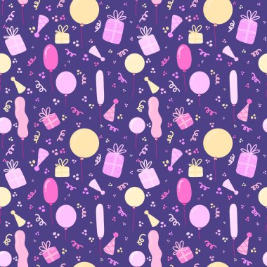 Çizgi filmlerdeki gibi kusursuz doğum günü balonları ve hediye kutuları kağıt, kumaş, çocuk kıyafetleri, aksesuarlar ve paketleme için. Yüksek kaliteli illüstrasyon