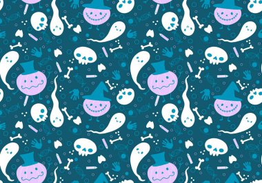 Cadılar Bayramı çizgi filmlerinde balkabakları kusursuz hayaletler ve kafatası desenleri kağıt ve kumaşlar ve çocuk giysileri baskısı ve şenlik ambalajları ve sonbahar aksesuarları. Yüksek kaliteli illüstrasyon