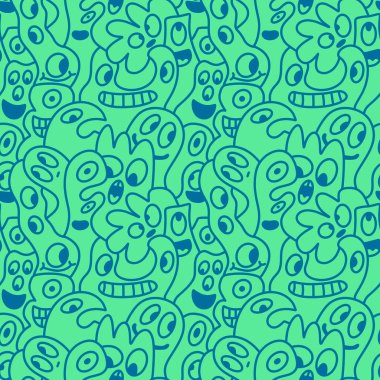 Çizgi film canavarları, ambalaj kağıtları, kumaşlar, çarşaflar, çocuk aksesuarları, moda tekstilleri ve bayram ambalajları için kusursuz bir Cadılar Bayramı deseni. Yüksek kaliteli illüstrasyon