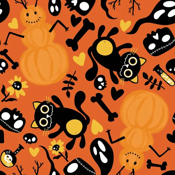 Cartoon Doodle Halloween Senza Soluzione Continuità Gatti Zucche Pupazzo Neve — Foto Stock