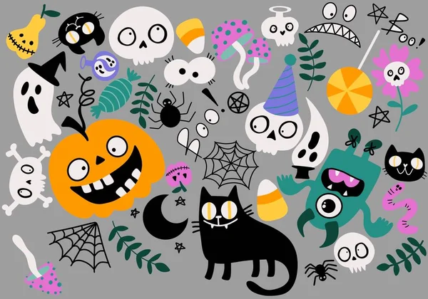 卡通万圣节怪物设置猫和南瓜 鬼魂和蘑菇打印包装纸和织物 儿童服装打印和节日包装 高质量的例证 — 图库照片