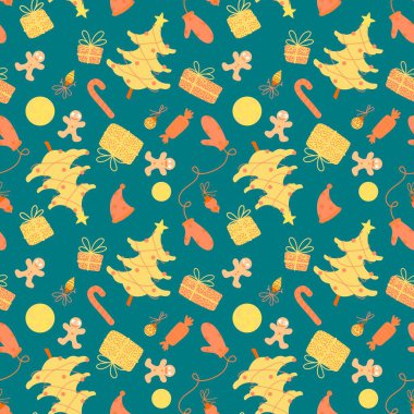 Noel ağacı dikişsiz kış eldivenleri ve Noel Baba şapkası ve hediyeler ve paketleme kağıtları ve kumaşlar için şeker deseni ve çocuk baskısı ve şenlikli paketleme ve yeni yıl aksesuarları. Yüksek kaliteli illüstrasyon