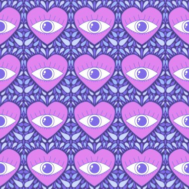 Karikatür retro sevgililer günü kartları, kumaşları, çarşafları, çocuk baskılarını, moda tekstillerini, şenlikli aksesuarları ve ambalajları paketlemek için kusursuz gözler ve kalpler deseni. Yüksek kaliteli illüstrasyon