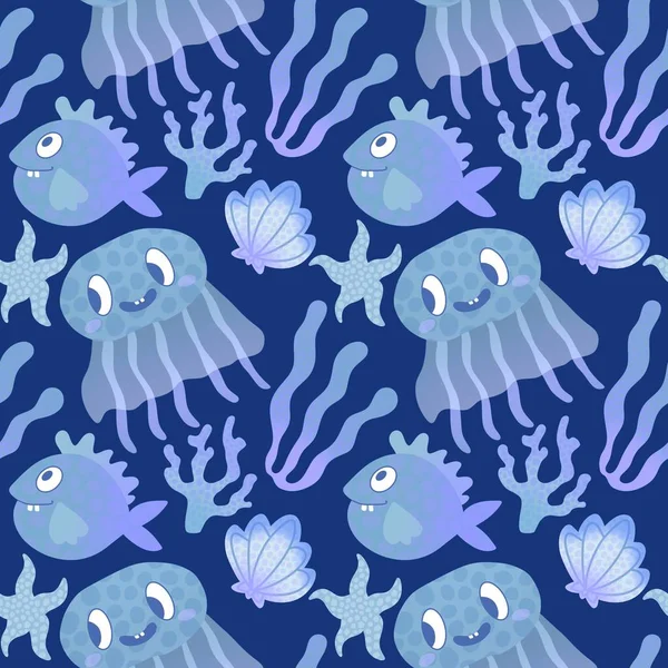 Мультяшна Риба Безшовна Медуза Воля Кораловий Візерунок Тканин Обгорткового Паперу — стокове фото