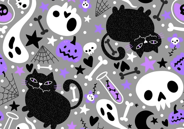 Halloween Katzen Und Kürbisse Nahtlose Geister Und Knochenmuster Zum Einwickeln — Stockfoto