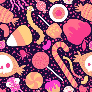 Çizgi film cadılar bayramı şekerleri dikişsiz lolipop, vişne şekeri, kurtçuklar, kafatası desenleri ve çocuk giysileri baskısı, sonbahar aksesuarları ve şenlik ambalajı. Yüksek kaliteli illüstrasyon