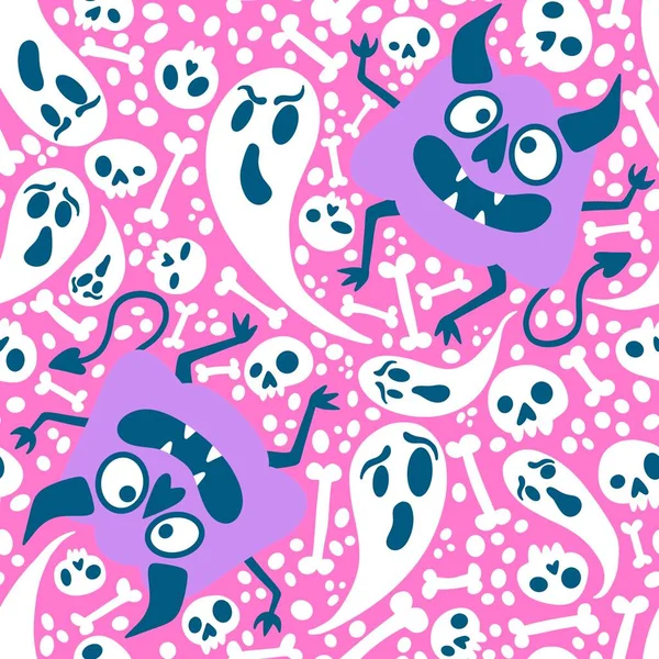 Halloween Monsters Seamless Pumpkins Ghost Bones Pattern Wrapping Paper Fabrics — Stock Photo, Image