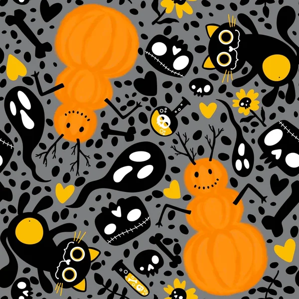Cartoon Doodle Halloween Seamless Cats Pumpkins Snowman Skulls Bones Pattern — Stock Photo, Image
