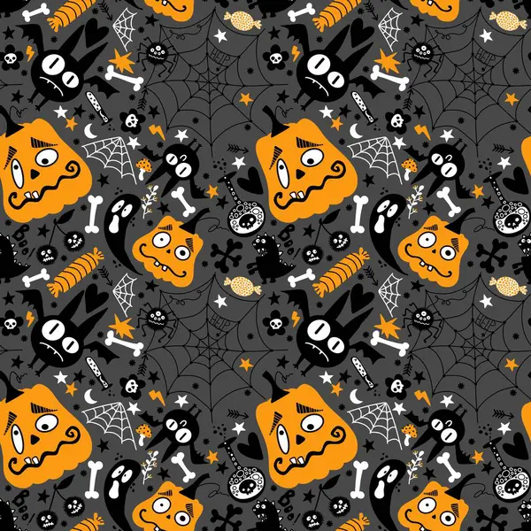 Halloween Cartoon Pompoenen Naadloze Vleermuis Geest Snoep Web Patroon Voor — Stockfoto