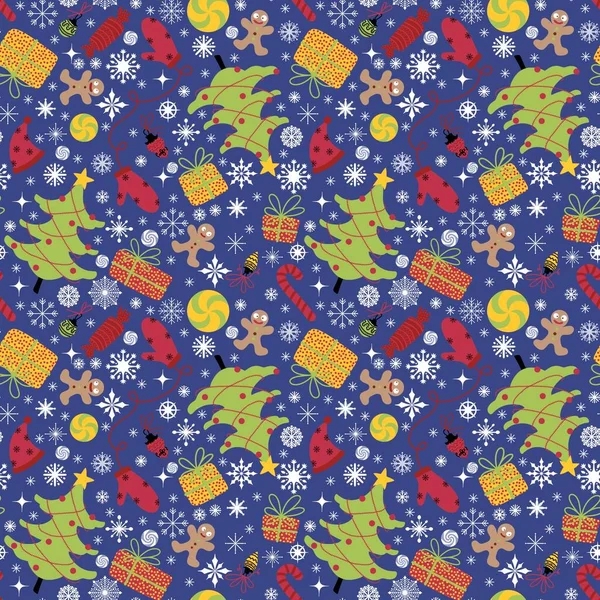 圣诞树无缝冬季手套和圣诞礼帽 礼物和糖果图案包装纸和织物 孩子们印刷节日包装和新年饰物 高质量的例证 — 图库照片