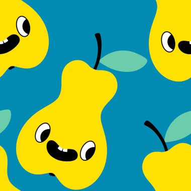 Karikatür retro meyvesiz armut deseni ambalaj kağıdı ve çocuk giysileri baskısı ve şenlikli aksesuarlar ve kumaşlar ve çarşaflar ve anaokulu tekstili. Yüksek kaliteli illüstrasyon