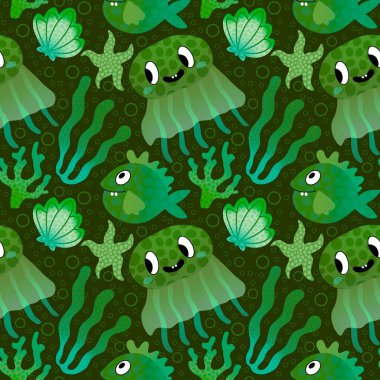 Çizgi filmlerdeki dikişsiz denizanaları ve kumaşlar ve ambalaj kağıtları için mercan desenleri ve çocuk kıyafetleri baskısı ve festival ambalajları ve yaz aksesuarları. Yüksek kaliteli illüstrasyon